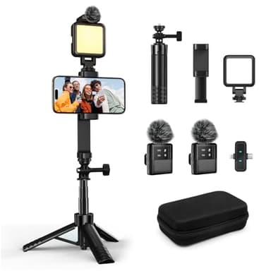 yAyusi Vlogging Kit for iPhone/Android，30.71" Selfie Stick Tripod with Light, Microphone ＆ Storage Boxes, Content Creator Essentials Starter Kit for Interviews, Vlogs, TikTok, YouTube Video Recording
