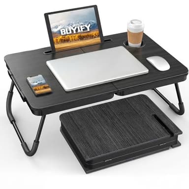 BUYIFY Foldable Laptop Bed Desk for Couch, Sofa - Large Lap Desk Tray Table with Cup Holder and Tablet Slot - Portable Notebook Stand for Eating, Writing, Studying and WFH (Black)- USA Original Patent