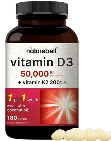 NatureBell Vitamin D3 50,000 IU with Vitamin K2-180 Softgels - High-Potency Bone & Immune Support* - Easy Absorption with Coconut Oil - Non-GMO & Gluten-Free
