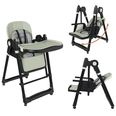 Foldable Baby High Chair with 150° Swing & Recline,Convertible High Chairs for Babies and Toddlers,5 Height Levels,3 Backrest & Footrest Positions,Removable Double Tray,Lockable Wheels (Dark Green)