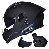 Generic Bluetooth Modular Motorcycle Dual Visor Helmet, DOT FMVSS-218 Approved Flip Up Full Face Motorbike Helmet, with Waterproof Bluetooth, for Adults Men Women ( Color : A , Size : XL(61~62cm) )