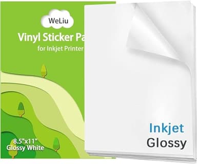 Weliu Printable Vinyl Sticker Paper for Inkjet and Laser Printer - Glossy White - 21 Waterproof Decal Paper Self-Adhesive Sheets 8.5"x11"- Dries Quickly and Holds Ink Beautifully