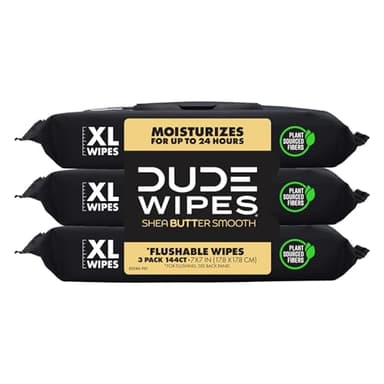 DUDE Wipes Shea BUTTer Flushable Wipes - Extra-Large Adult Wet Wipes - 3 Pack (144 Count) - Infused with Coconut Oil, Vitamin E, and Aloe - Septic and Sewer Safe