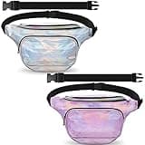 Oudain 2 Pcs Holographic Plus Size Fanny Pack for Women 80s Waist Packs with Extender Fanny Bag with Adjustable Belt Metallic Color Bag Large Capacity for Party Travel Festival Sports Silver, Pink