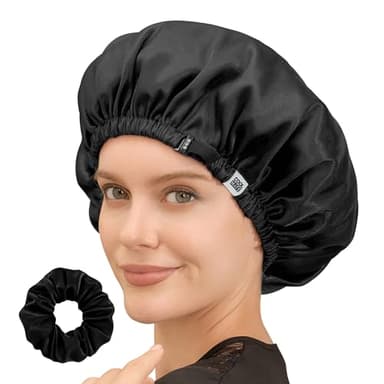 CoolMate Adjustable Satin Silk Bonnet for Sleeping Women, Tie Double Lined Silk Bonnet for Women Long Hair (Black & Black)