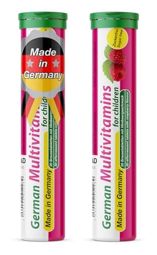 T&D German Multvitamin for Children 8 Vitamins - 40 Vegan Drink Effervescent Tablets - Raspberry Flavor - Made in Germany