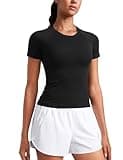 CRZ YOGA Seamless Short Sleeve Shirts for Women Breathable Running Workout Tops Athletic Gym Yoga Basic T-Shirts Black Large