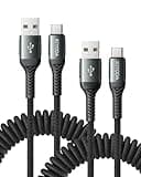 USB C Cable Coiled 3FT 2Pack, Braided USB A to Type C Charger Cable for Car 66W Fast Charging Cord Compatible with iPhone 16 15, iPad, Samsung Galaxy, Google Pixel, Moto, TCL, LG Phones