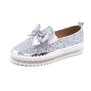 SUGURETA Women's Fashion Rhinestone Slip On Sneakers Casual Comfort Platform Walking Shoes Cute Bowknot Glitter Bling Loafers B-Silver 43