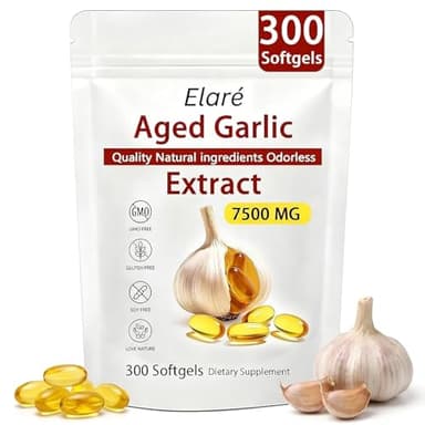 Elare Aged Garlic Extract - 7500mg Odorless, Organic Garlic Extract Capsules | Heart & Immune Antioxidant Supplements, Vegetarian, All-Natural, Non-GMO, 300 Softgels
