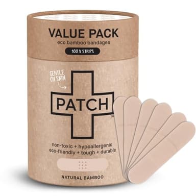 PATCH 100 Count Value Pack, Organic Natural Bamboo Eco-Friendly Adhesive Bandages for Abrasions & Grazes, Hypoallergenic Wound Care for Sensitive Skin, Compostable, Biodegradable, Latex & Plastic Free