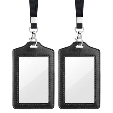 Teskyer 2 Pack Double Sided Clear Badge Holder with Lanyard, PU Leather ID Badge Name Card Holder with Stainless Steel J-Hook Nylon Lanyard for Work, School, Metro, Access, Black