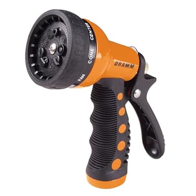 Dramm® Revolver Heavy Duty 9-Pattern Garden Hose Nozzle – Adjustable Metal Spray Gun with Thumb-Control Flow & Ergonomic Grip – Orange