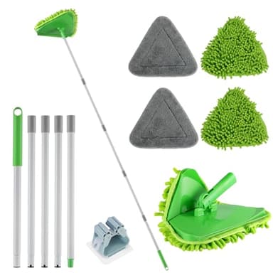 Wall Cleaner Triangle Mop with 82'' Long Handle - Wall Scrubber, Cleaning Washer Tool with 4 Microfiber Chenille Duster Pads for Clean Walls, Ceiling, Windows, Baseboards, Floors (Green)