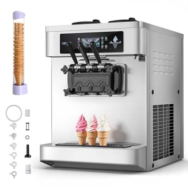 VEVOR Commercial Ice Cream Machine, 20-28L/H Yield, 2200W 3-Flavor Countertop Soft Serve Ice Cream Maker with 2 x 6L Hoppers & Built-In Puffing Pump, Pre-Cooling Low-Mix Alert for Snack Dessert Shops