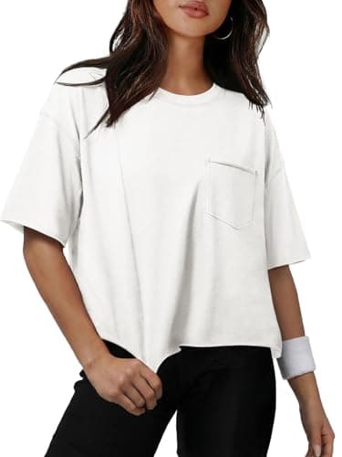 ATHMILE Cropped Tshirt Womens Oversized T-Shirts Short Sleeve Workout Crop Tops Casual Drop Shoulder Boxy Roll Hem Basic Loose Tees White