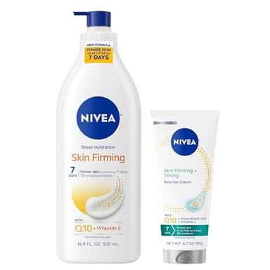 NIVEA Sheer Hydration Skin Firming Body Lotion (16.9 Fl Oz) + Skin Firming & Toning Body Gel Cream with Hyaluronic Acid (6.7 Oz), Enriched with Q10 and Vitamin C