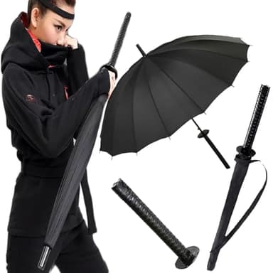 Charmluvee Samurai Umbrella Katana, Ninja Japanese Long Umbrella, Anime Cosplay Gifts for Men Cosplay Decoration, Windproof Stick Umbrella for Rain (Black-16bone)