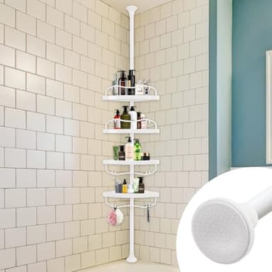 Corner Shower Caddy Tension Pole, Rustproof Bathtub Storage Organizer with 4 Adjustable Shelves, Bathroom Shower Rack Shampoo Holders for Inside Shower, 40"-120" Floor to Ceiling Shower Caddy White