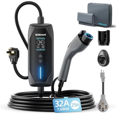 bokman Portable Level 2 & Level 1 EV Charger (240V, 32A), 25ft Cable and NEMA 14-50 Plug and NEMA 5-15 Adapter for Household Socket, Current Adjustable 6-32Amp (J1772 Connector)