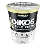 Oikos Triple Zero Vanilla Nonfat Greek Yogurt Tub, 0% Fat, 0g Added Sugar and 0 Artificial Sweeteners, Just Delicious High Protein Yogurt, 32 OZ
