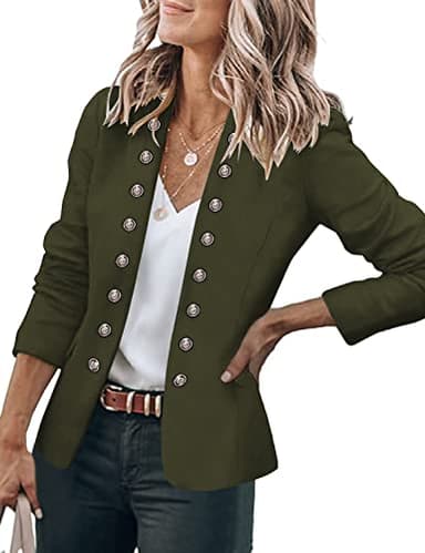 GRAPENT Women's Business Casual Buttons Pockets Open Front Blazer Suit Cardigan Army Green Size Large (US 12-14)
