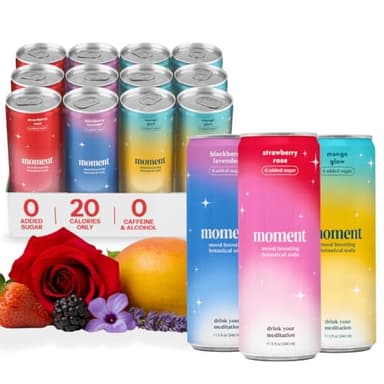 Moment Botanical Soda Soft Drink (Shark Tank) - SPARKLING Drinks | Fruity Fun | L-Theanine & Ashwagandha for Calm & Clarity | 0 Added Sugar 0 Caffeine | 12-pack