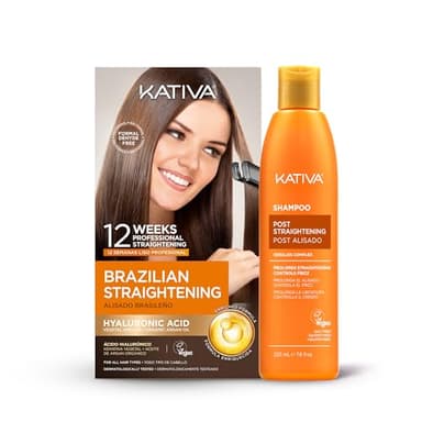 KATIVA Brazilian Keratin Treatment Kit at home Formaldehyde Free Hair Straightening with Hyaluronic Acid, Up to 12 Weeks Frizz Control for Curly, Wavy, Frizzy Hair (Straightening Kit + Shampoo)
