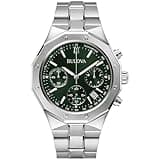 Bulova Men's Classic 6-Hand Chronograph High Performance Quartz Silver Stainless Steel Watch, Green Dial,Geometric Bezel 24 Hour Time, 44mm, Style:96B409
