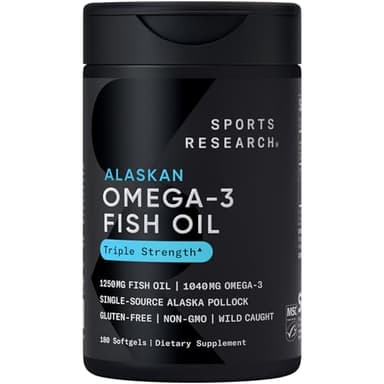 Sports Research® Omega-3 Fish Oil 1250 - Triple Strength Fish Oil Supplement from Wild Alaska Pollock - MSC Certified Sustainable · Non-GMO · Soy Free - 180 Softgel Capsules