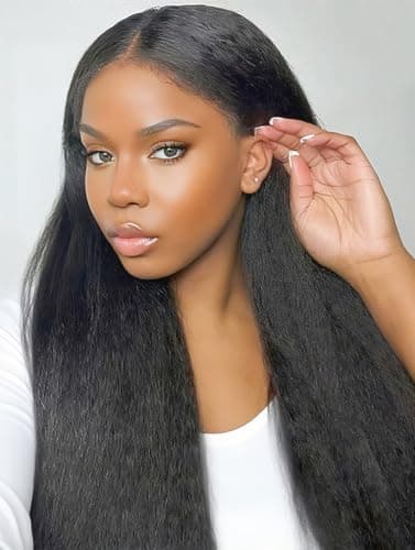 Aminow Kinky Straight Lace Front Wig Pre Plucked 13x6 Synthetic Lace Front Wigs for Black Women Long Yaki Synthetic Wig Soft & Natural as Human Hair Natural Black 22 Inch