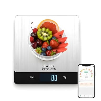 SWEET KITCHEN Smart Food Scale for Kitchen,Digital Food Scale with Nutritional Calculator, 24 Nutrients Tracking for Weight Loss, Connect to Smartphone App Android and iOS, Stainless Steel 11lb max