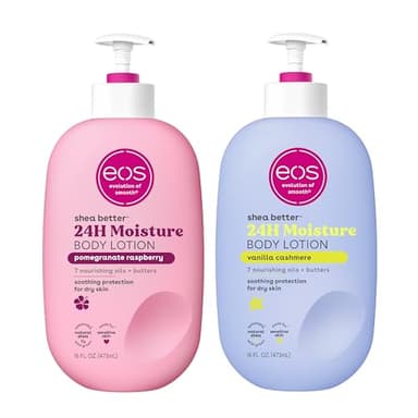 Bundle of eos Shea Better Body Lotion- Vanilla Cashmere + Pomegranate Raspberry, 24-Hour Moisture Skin Care, Lightweight & Non-Greasy, Made with Natural Shea, Vegan, 16 fl oz