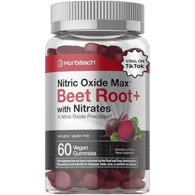 Horbäach Nitric Oxide Beet Root Gummies | 60 Chews| with Nitrates, Vitamin C & Black Pepper | for Men & Women | Strawberry Flavor | Vegan, Non-GMO, Gluten Free Supplement