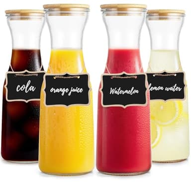 Glass Carafe with Bamboo Lid, Round 35 Oz Beverage Dispensers Carafe, Mimosa Bar Supplies, Clear Glass Pitcher with Name Labels for Iced Tea, Coffee, Juice(Set of 4)