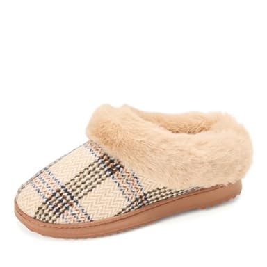 Dearfoams Women's Hannah Festive Knit Clog, Tan Plaid, 9-10