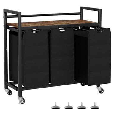 SwaaVee Laundry Hamper, Laundry Basket, Laundry Sorter with 3 Removable Bags, Clothes Basket with 3 Compartments, Wheels, Shelf for Laundry Room Bathroom Bedroom (3 Bags-Black)