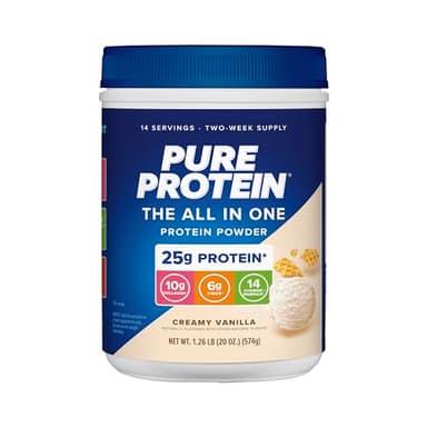 Pure Protein All-In-One Powder, Vanilla - Whey & Collagen, High Fiber, Vitamins, No Added Sugar, Non-GMO, Gluten-Free, 1.25lb