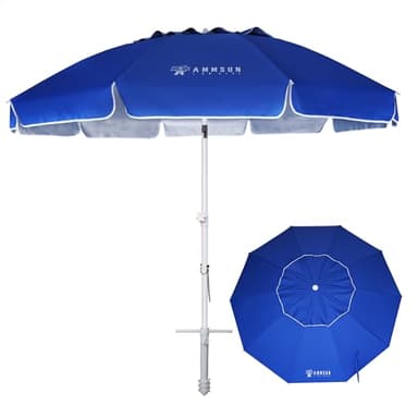 AMMSUN 8 Feet Large Beach Umbrella with Sand Anchor Heavy Duty High Wind Portable Outdoor Umbrellas UPF 50+ Protection Air Vent Tilt Patio Garden Pool Blue