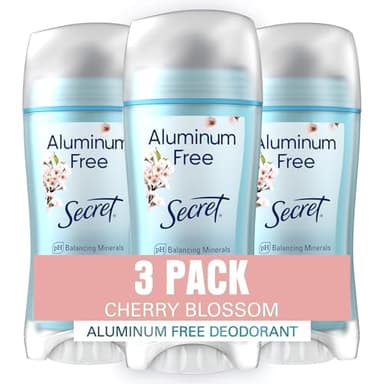 Secret Aluminum Free Deodorant for Women, 48hr Odor Protection, Free of Parabens Dyes Talc & Baking Soda, PH Balancing Minerals, Dry Solid, Cherry Blossom Scent, 2.4 oz (Pack Of 3)