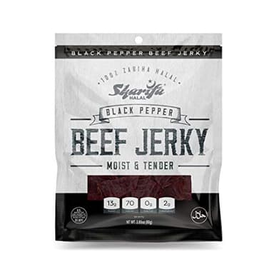 Sharifa Halal Beef Jerky, Black Pepper, (1) 2.85 oz. Bag – Great Everyday Halal Jerky Beef Meat Snack, 100 % Real Zabiha Halal Beef, 13g of Protein, 70 Calories, 0g Trans Fat, & 2g of Carbohydrates