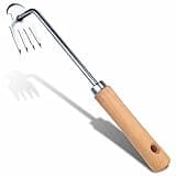 SHANFEEK Weed Puller with 4-Claw Weeding Artifact Uprooting Weeding Tool Gardening Hand Tools Garden Rake Weed Remover Tool Stainless Steel with Hard Solid Wood Handle(Brown)