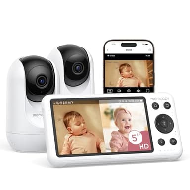 Momcozy BM04 Smart WiFi Baby Monitor with 2 Cameras, 5" 1080P Split Screen Video Baby Monitor with Camera and Audio, Motion Detection, Electric Fence, Clear Night Vision, 2-Way Audio, 5000mAh Battery
