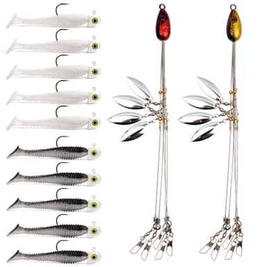 Alabama Rig (A-Rig) Fishing Lures Kit – 2 Rigs, 10 Jig Heads & Swimbaits, Tackle Box for Striper/Bass Fishing