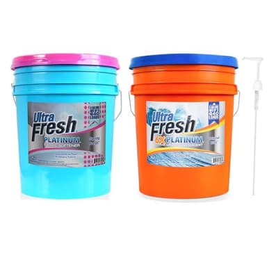 Ultra Fresh 6X Platinum Laundry Detergent, 5 Gallon, Bundled with Spring Fresh Fabric Softener and Pump, Up to 640 Loads, Orange/Blue