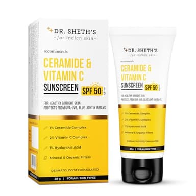 Dr. Sheth's Ceramide & Vitamin C Sunscreen | In-Vivo Tested | SPF 50+ Pa++++ | Healthy Glow | Non-Greasy, Quick-Absorbing | Women & Men | All Skin Types, 30G
