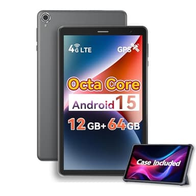Topsand 8 Inch Tablet Android 15 Tablet with Sim Card Slot Uncloked Cellular Phone with 4G LTE Octa Core 12GB RAM 64GB ROM 2TB TF Expandable Tableta with Case