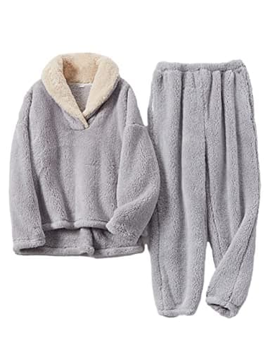 Peaceglad Mens Fluffy Coral Fleece Pajamas Set Pullover Pants Loose Plush Warm Loungewear Sleepwear(Grey,L)