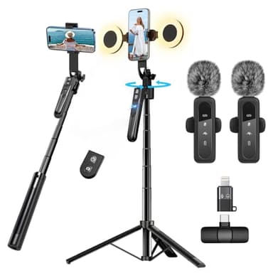Content Creator Vlogging Kit for iPhone/Android,70-inch Auto Face Tracking Tripod for iPhone with Light and Wireless Microphones,TikTok/YouTube Starter Kit
