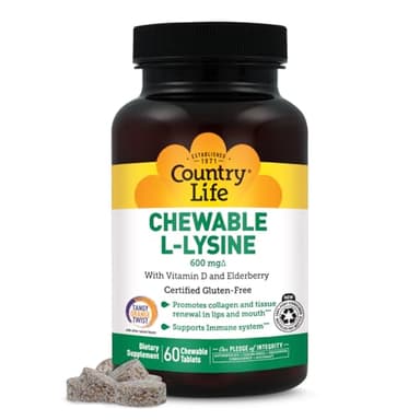 Country Life Chewable L-Lysine Supplement with Vitamin D and Elderberry, Immune Support and Collagen Renewal for Skin Tissue, Ideal for Adults